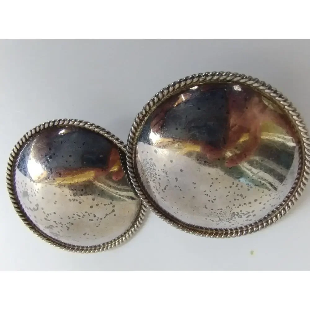 Vintage Sterling Silver Doorknocker Round Puffy Dome Rope Edge Clip Earrings